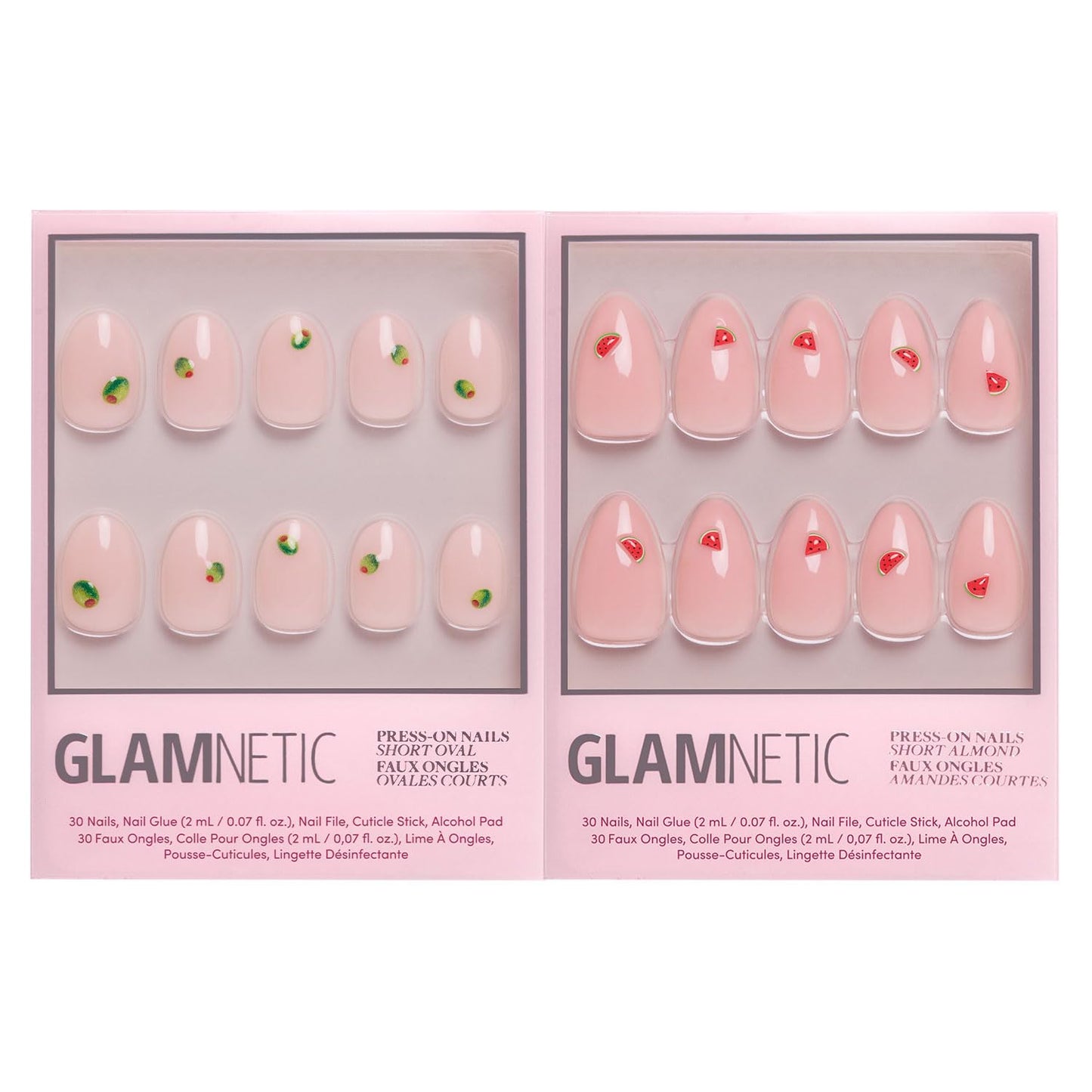 Glamnetic Press-On Nails Bundle - Happy Hour Duo | 2 Short Oval & Almond Fake Nails with Playful Drink-Inspired Accents | Glossy Cafe-Inspired Designs | Durable, Salon-Quality Nail Kits