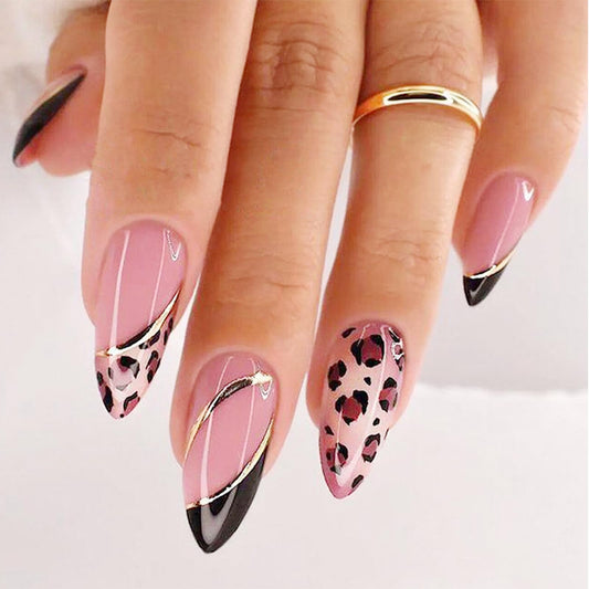 FJSMTOPl Alomnd Press on Nails - Leopard Print Fake Nails - Medium False Nail Press ons - French Tip Acrylic Glue on Nail - Artificial Nail Stick on Nails for Women Manicure 24Pcs