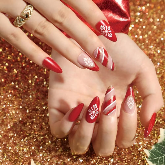 Red Christmas Press on Nails Medium French tips Fake Nails withGold Ribbon Pattern Design White Snowflake False Nails Acrylic Nails Red Full Cover Glue on Nail for Women and Girls