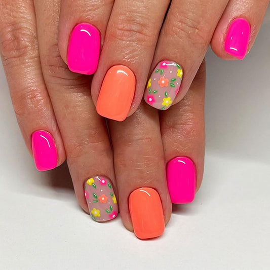 Short Square Press on Nails Flower Fake Nails Spring Summer False Nails Press ons with Multicolor Floral Print Cute Acrylic Nails Full Cover Glue on Nails Stick on Nails for Women Manicure 24Pcs