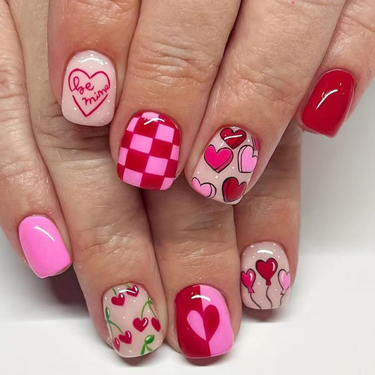 CEWEWP Valentine’s Day Press on Nails Square Short Fake Nails Red Nails Press ons Pink with Heart Grid Designs Balloon Glue on Nail Glossy Acrylic Stick on Nail for Women 24Pcs