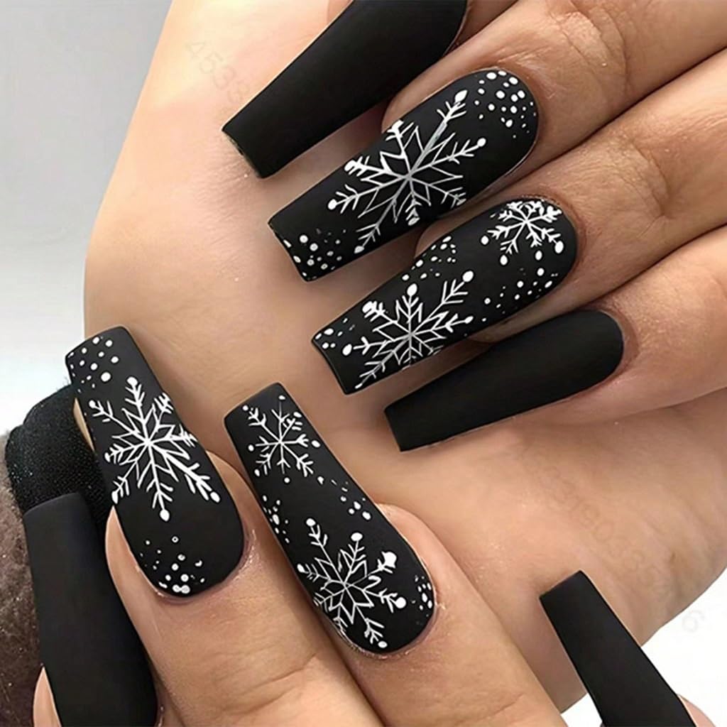 Christmas Press on Nails Long - Coffin Fake Nails with Snowflake Stripes Design - Black Full Cover Stick on False Nails -for Women 24 Pcs