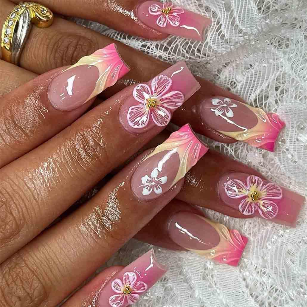 Foccna French Press on Nails Medium Long Pink Fake Nails Square Bling Glossy 3D Flower Design False Nail Tips Artificial Nails Finger Manicure for Women and Girls-24pcs