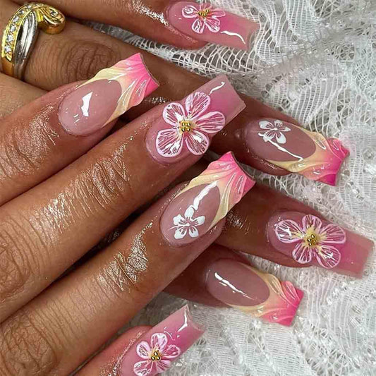 Foccna French Press on Nails Medium Long Pink Fake Nails Square Bling Glossy 3D Flower Design False Nail Tips Artificial Nails Finger Manicure for Women and Girls-24pcs