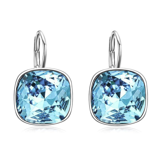 AOBOCO Sterling Silver Leverback Earrings Embellished with Crystals from Austria, Hypoallergenic Cushion Cut Square Crystal Earrings, Fine Anniversary Birthday Jewelry Gifts for Women (Simulated Aquamarine)
