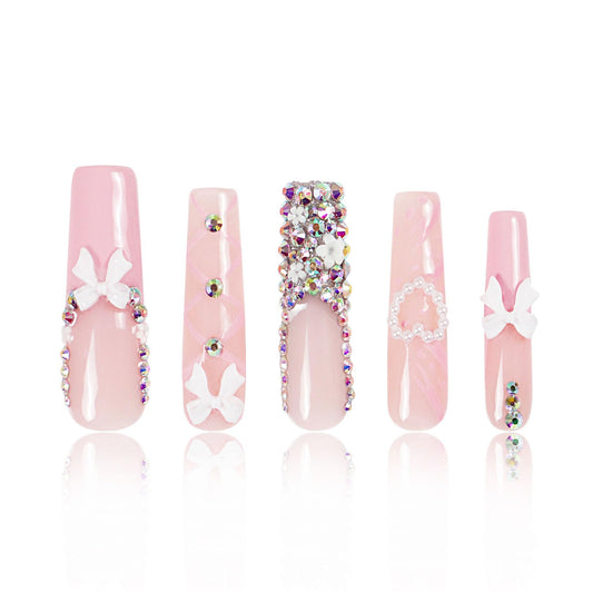 LOVFUL Press on Nails Vintage Shortcake| Handmade with Full Covered Crystals| Reusable Fake Nails| Square Mid length 1.7in| H187-L