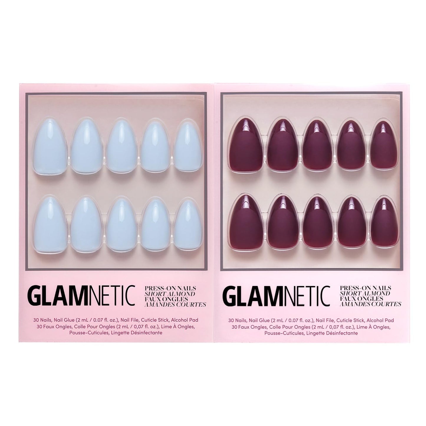 Glamnetic Press-On Nails Bundle - Blueberry Milk & Merlot | Opaque Light Blue Short Almond Nails | Matte Short Almond Dark Red Nails with Glossy French Tips | Reusable, Salon-Quality Nail Kits