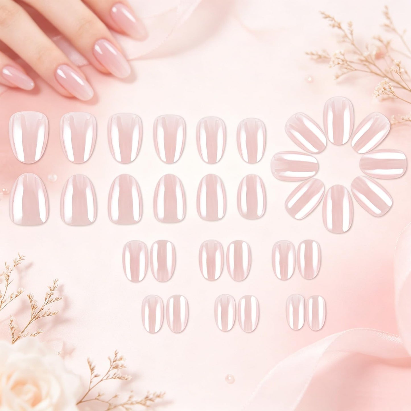 Press on Nails With Chrome Design, Glossy Nude Pink Fake Nail, Short Oval False Nails Mirror Glue on Nail, Natural Stick on Reusable Acrylic Fingernails for Women Daily Wear