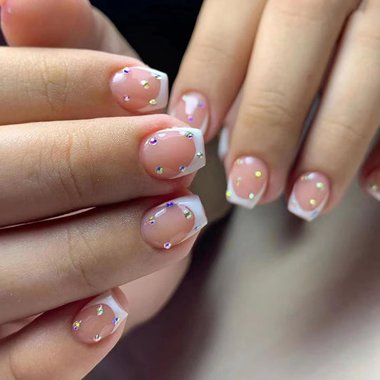 Press on Nails Extra Short Square MABKJLF French Tip Fake Nails Full Cover Glue on Nails Rhinestones False Nails White Acrylic Press on Nails Stick on Nails Artificial Nails for Women Girls 24 Pcs