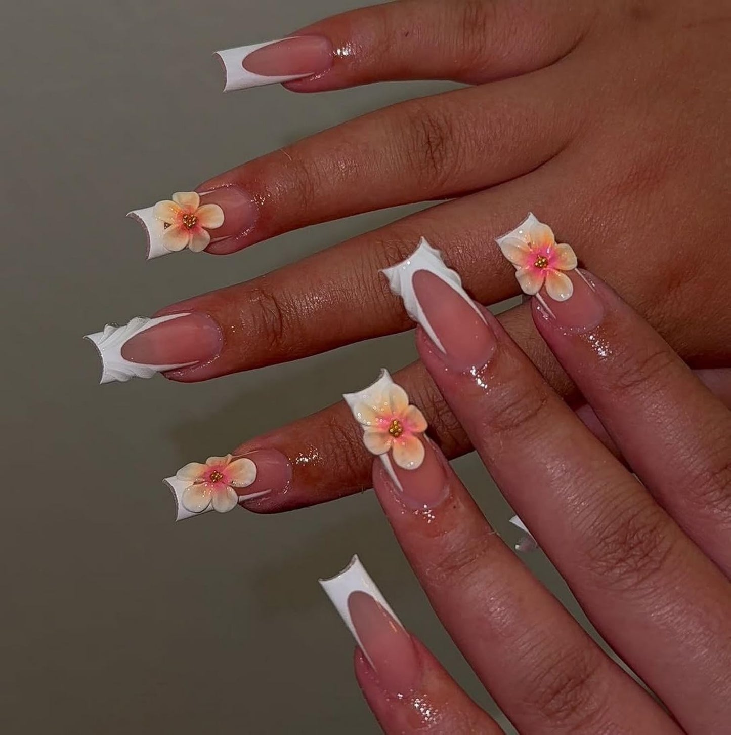 Handmade Press on Nails Long Square White French Tip Thick Acrylic Fake Nails 3D Flower False Nail with Embossed Designs Elegant Sturdy Nail Art Press on Nails Multi Gel Stick on Nail 10Pcs (M)