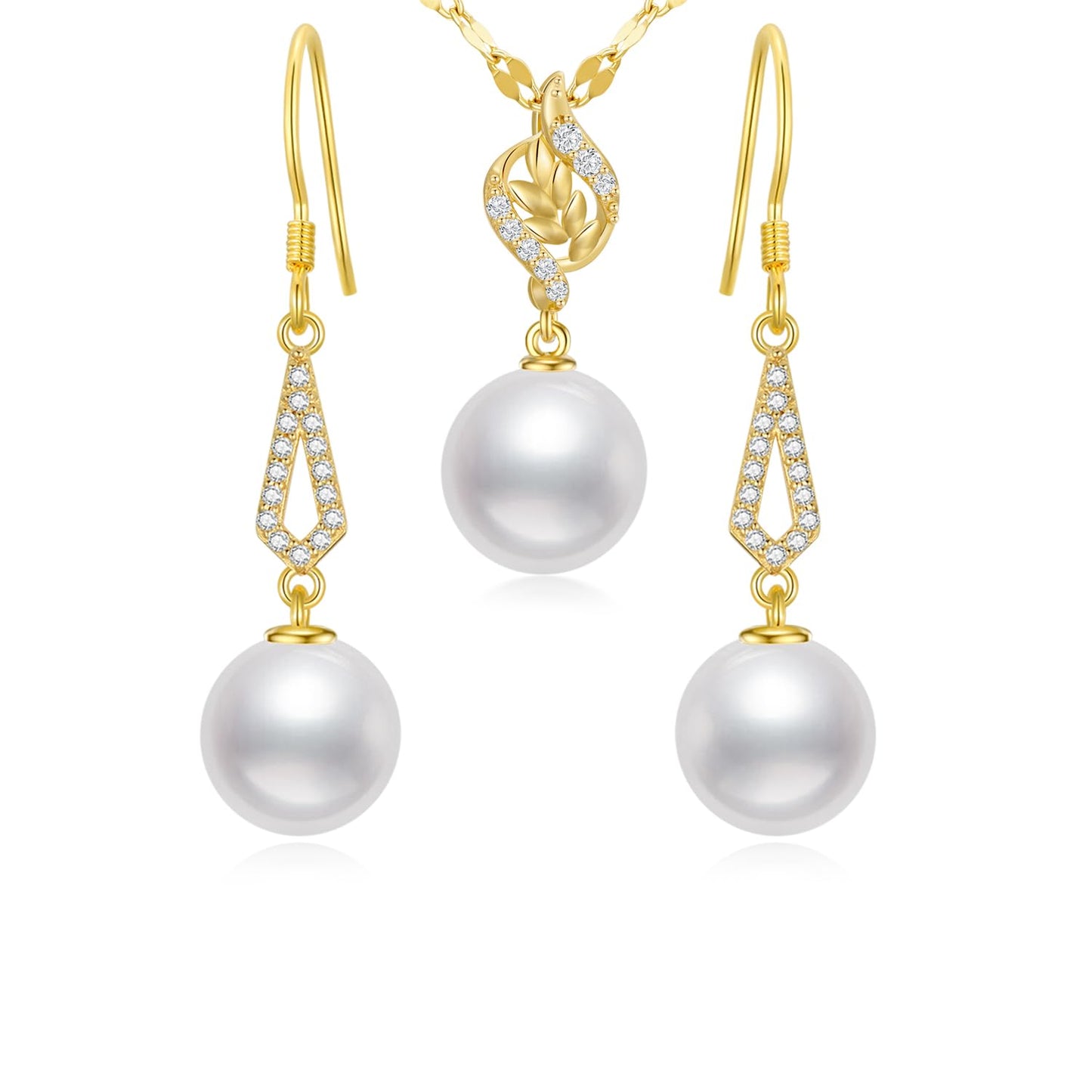 14K Gold Diamond Leaves Pearl Necklace (with 14k Gold Lip Chain) and Earrings set for Women