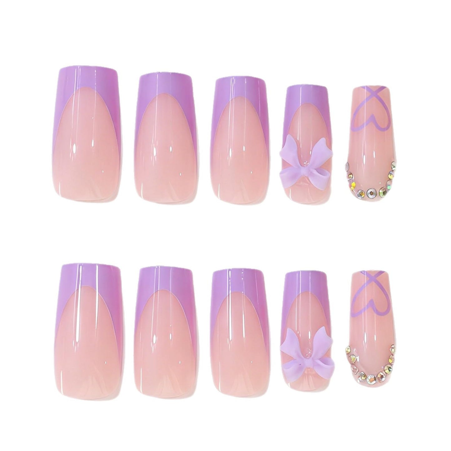 CTTHNBD Medium Press on Nails Coffin - Purple French Tip Fake Nails with Bow Charms Design - Heart False Nails Press ons - for Women 24 Pcs