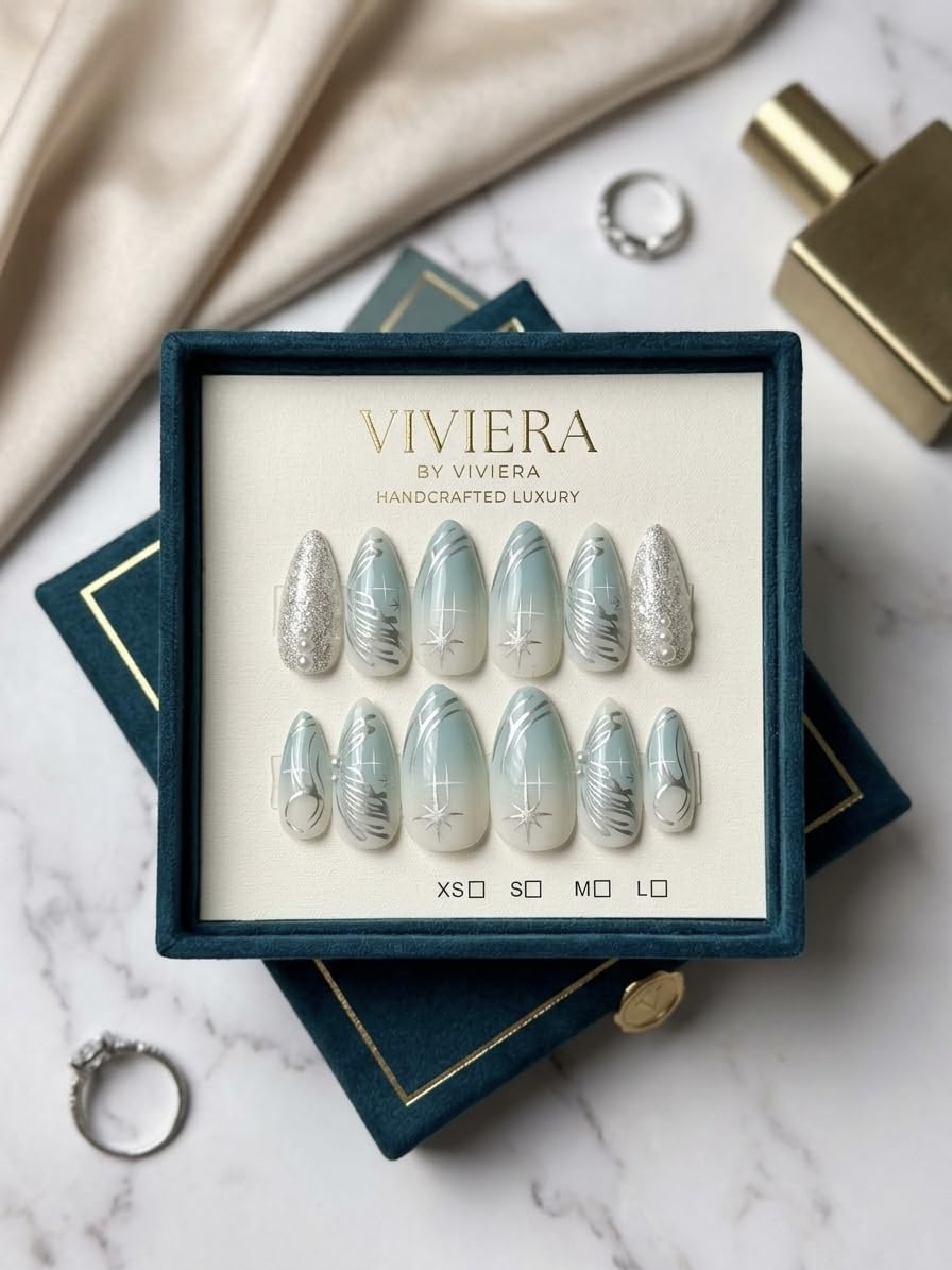 Viviera Handmade Press-On Nails, Sage Green Almond Shape, Silver Shimmer, 12 Piece with Manicure Kit