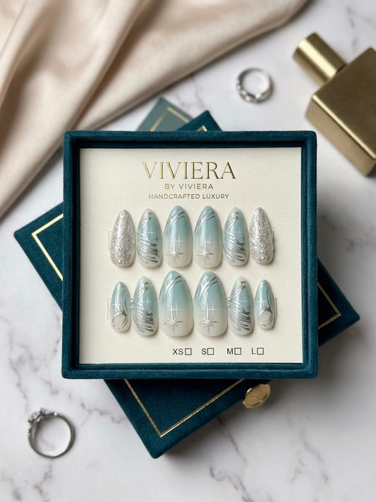 Viviera Handmade Press-On Nails, Sage Green Almond Shape, Silver Shimmer, 12 Piece with Manicure Kit
