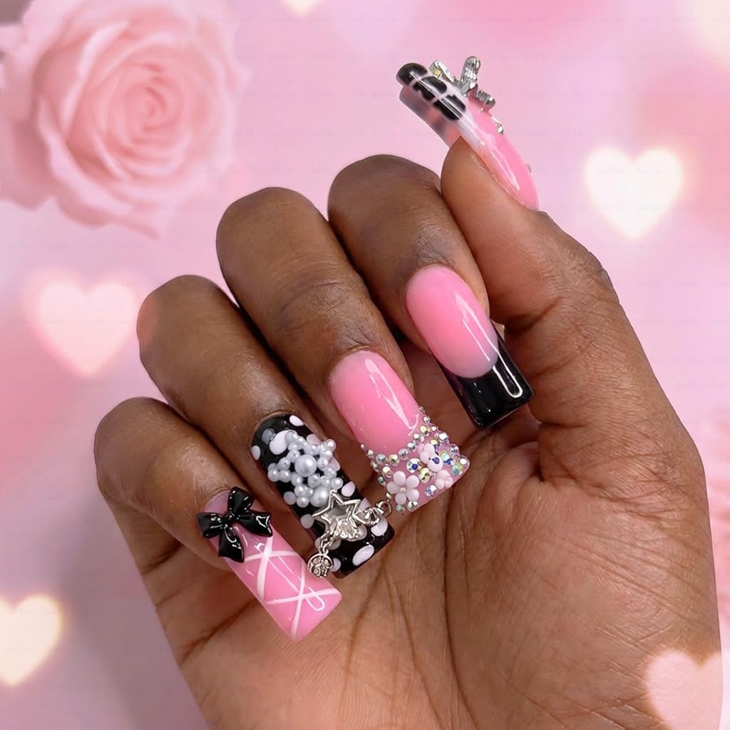 IntoVibes 10 Pieces Luxury Acrylic Press On Nails Long Handmade Duck Nails, Black Thickened False French Nails, With 3D Bowknot And Stars, Reusable Fake Nails, Acrylic Nails (L)
