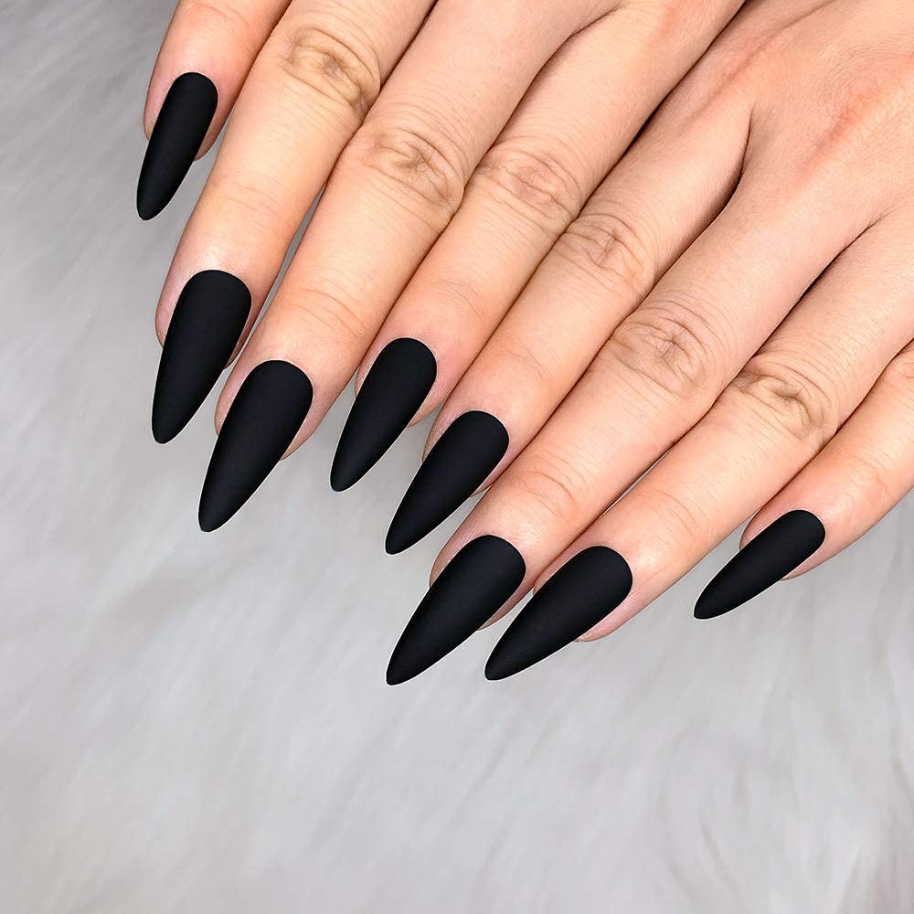Morily Press-On Nails Bundle | Black Stiletto Matte & Black Stiletto Flame | 24Pcs Each Set, Medium Length Long False Fake Nails