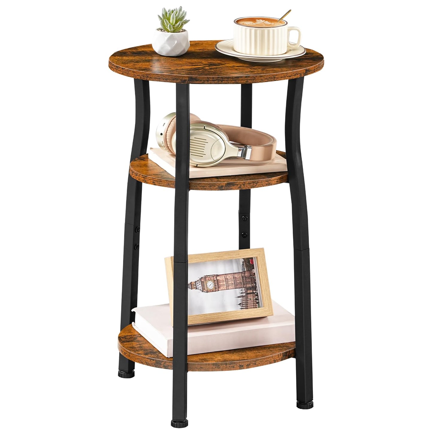 HOOBRO Narrow End Table with Storage, 3-Tier Small Oval Side Table, Slim Bedside Table for Small Spaces, Corner Sofa Table for Living Room, Bedroom, Rustic Brown and Black BF258BZ01