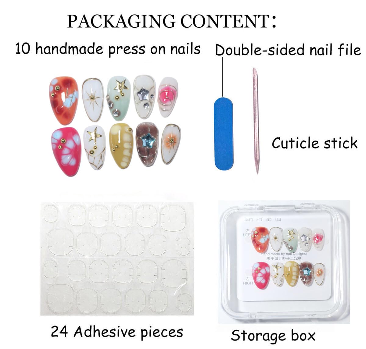10Pcs Short Almond Handmade Press On Nails | Easy Apply & Remove, Reusable Salon Quality Nails | Colorful Y2K Fake Nails with 3D Star, Gold Accents & Rhinestone (RR06,M)
