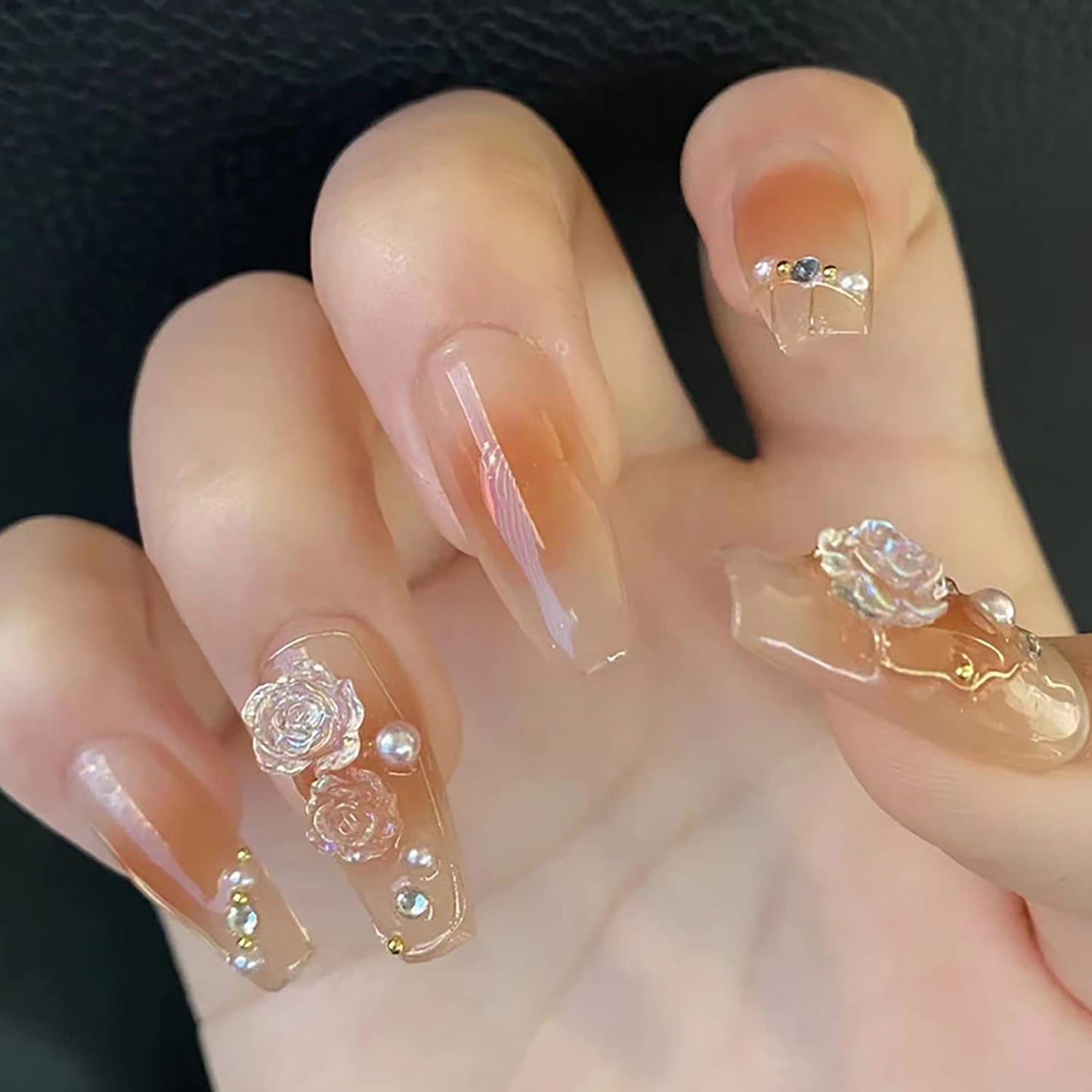 24Pcs Artificial Acrylic Fake Nails with 3D Clear Flower Designs, Press on Nails Square Medium Length, Full Cover Reusable Coffin False Nails, Women Glue on Nails Set, Stick on Nails for Nail Art