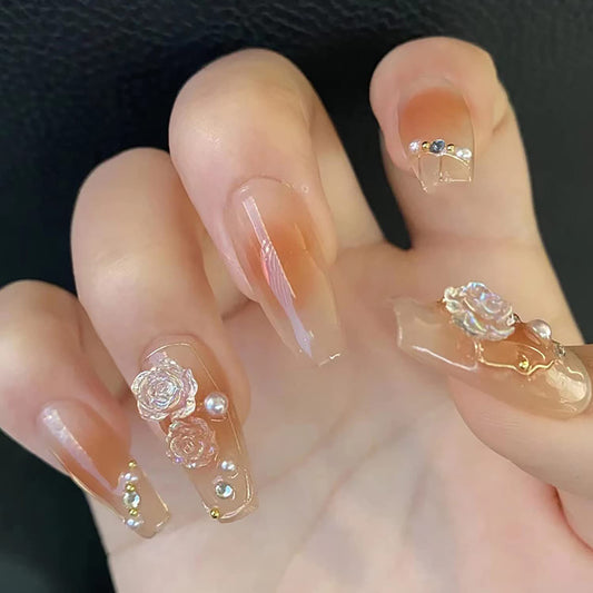 24Pcs Artificial Acrylic Fake Nails with 3D Clear Flower Designs, Press on Nails Square Medium Length, Full Cover Reusable Coffin False Nails, Women Glue on Nails Set, Stick on Nails for Nail Art