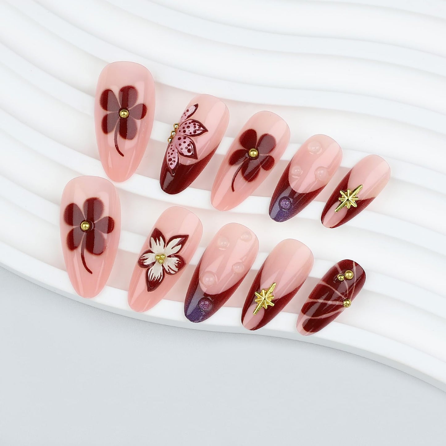 24Pcs Summer Red Press on Nails Medium Almond, 3D Floral Designs, Glossy Full Cover Fake Nails, Reusable Glue on Nails with Acrylic Effect,Nude Nails Press ons for Women