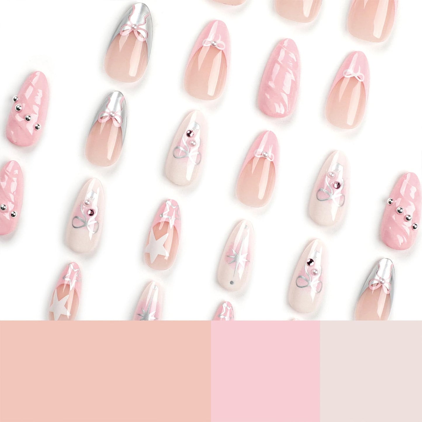 SINHOT Y2K Press on Nails Medium Almond Fake Nails with Glue Pink False Nails Stiletto 3D Design Bowknot Ballerina Acrylic Nail 24pcs