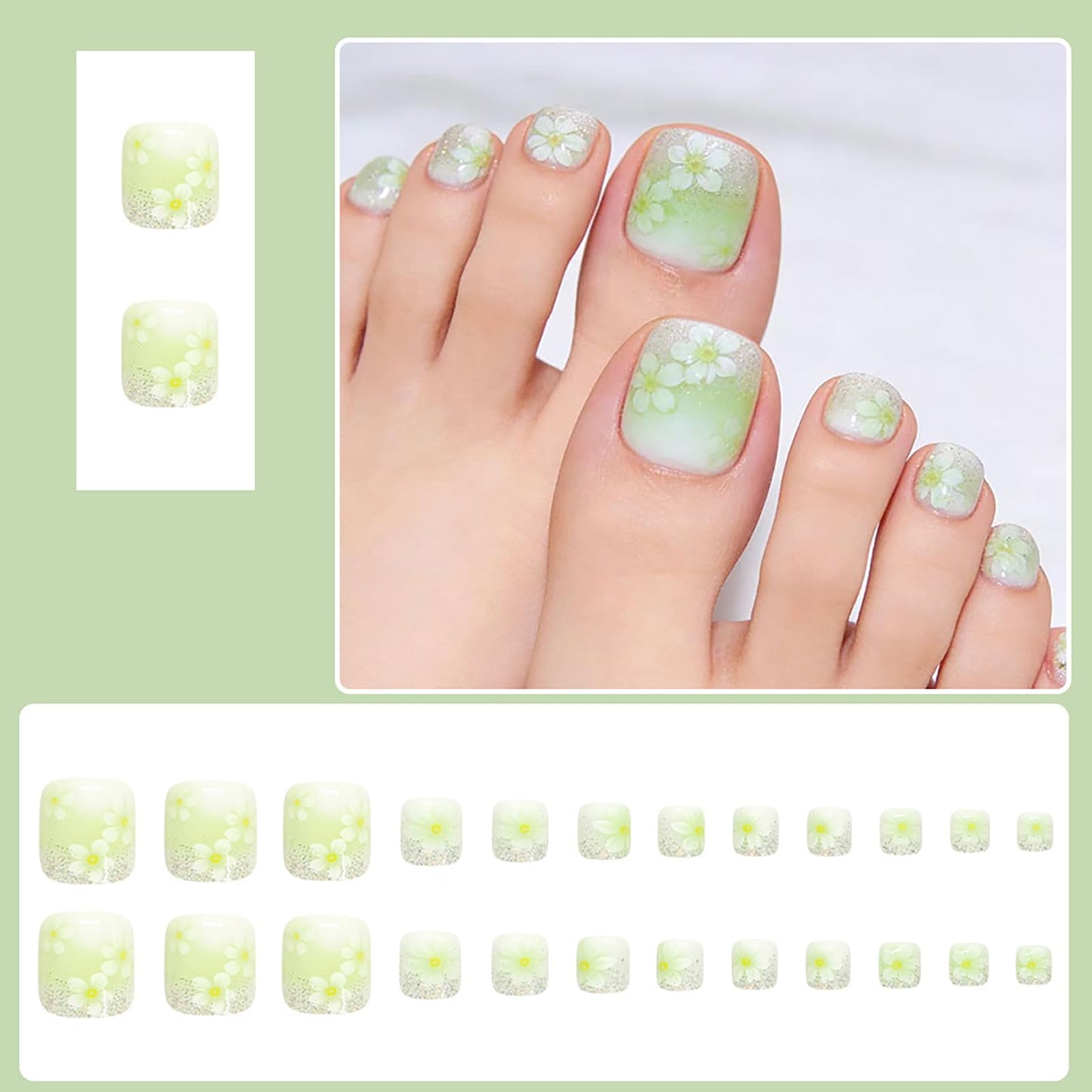 24Pcs Flower Press on Toenails,Short Square Fake Toenails with Glitter Acrylic Designs, Cyan French Gradient Toenails Full Cover Reusable Glossy Stick on Toes Nails for Women