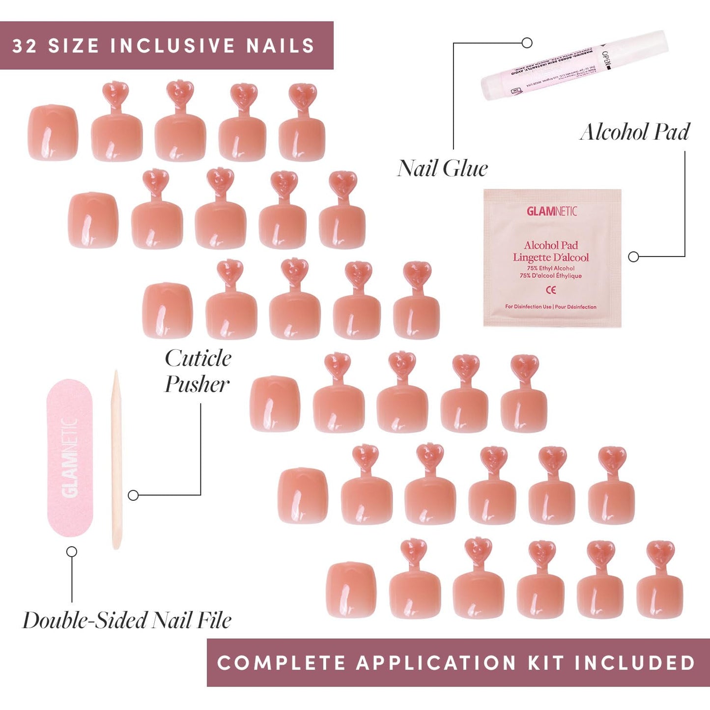 Glamnetic Press On Toenails - Sheer Peach | Natural Peach Semi-Transparent Fake Toe Nails with a Glossy Finish | 16 Sizes - 32 Toe Nail Kit with Glue
