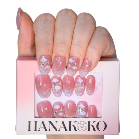 Hanakoko Press on Nails - Handmade 3D Short Medium Oval Almond Fake Nails, Glitter Cat Eye Gel, Durable Reusable False Nails 10 Pcs (Dream Rainbow, XS)