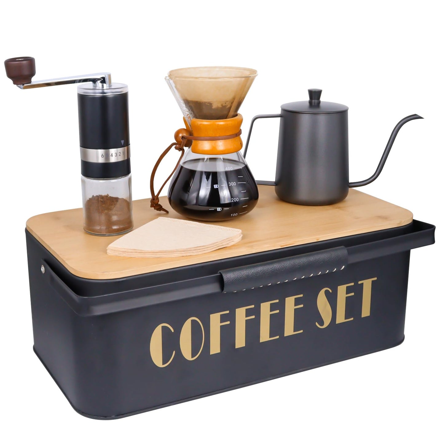 SOTECH Pour Over Coffee Maker Set Portable Pour Over Set-Manual Coffee Grinder Heatproof Glass Coffee Dripper for Traveling Camping