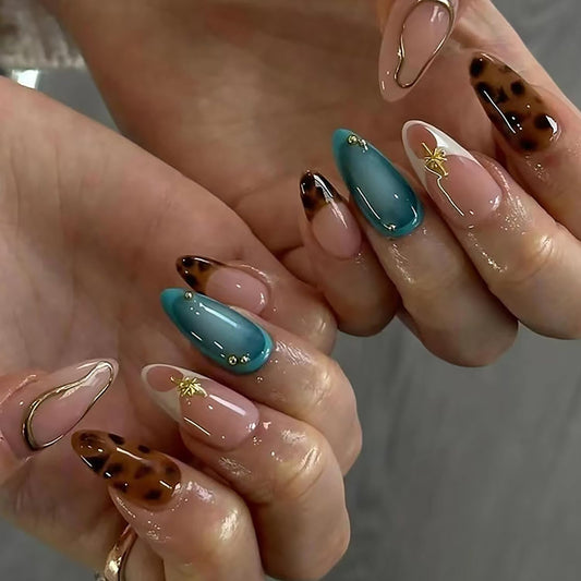 24Pcs Medium Almond Press on Nails French Tip Fake Nails with Brown Leopard Gold Line Design Glossy Reusable False Nail Artificial Acrylic Nails Press ons Holiday Stick on Nails for Women DIY Manicure