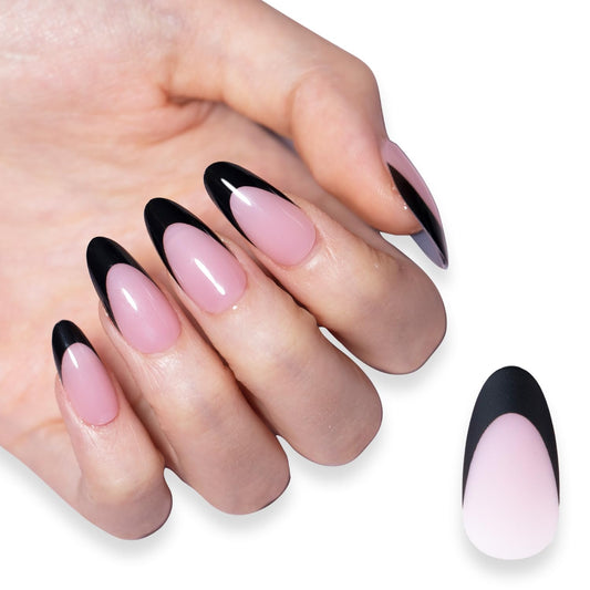 SXC Cosmetics French Tip Press On Nails 150 Pieces in 15 Sizes Ultra Fit with Pre-applied Tip Primer and Base Coat, No Need to File Fake Nails for Nail Art DIY X-Pro Tips (BLACK115-M Almond)