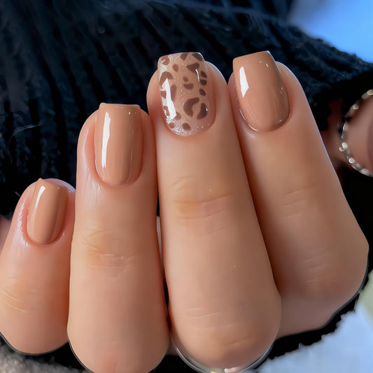 Light Brown Leopard Print Press on Nails Short Square Fake Nails Winter False Nails with Gold Glitter Designs Light Brown Glossy Glue on Nail Winter Full Cover Acrylic Nails for Women Girls 24Pcs