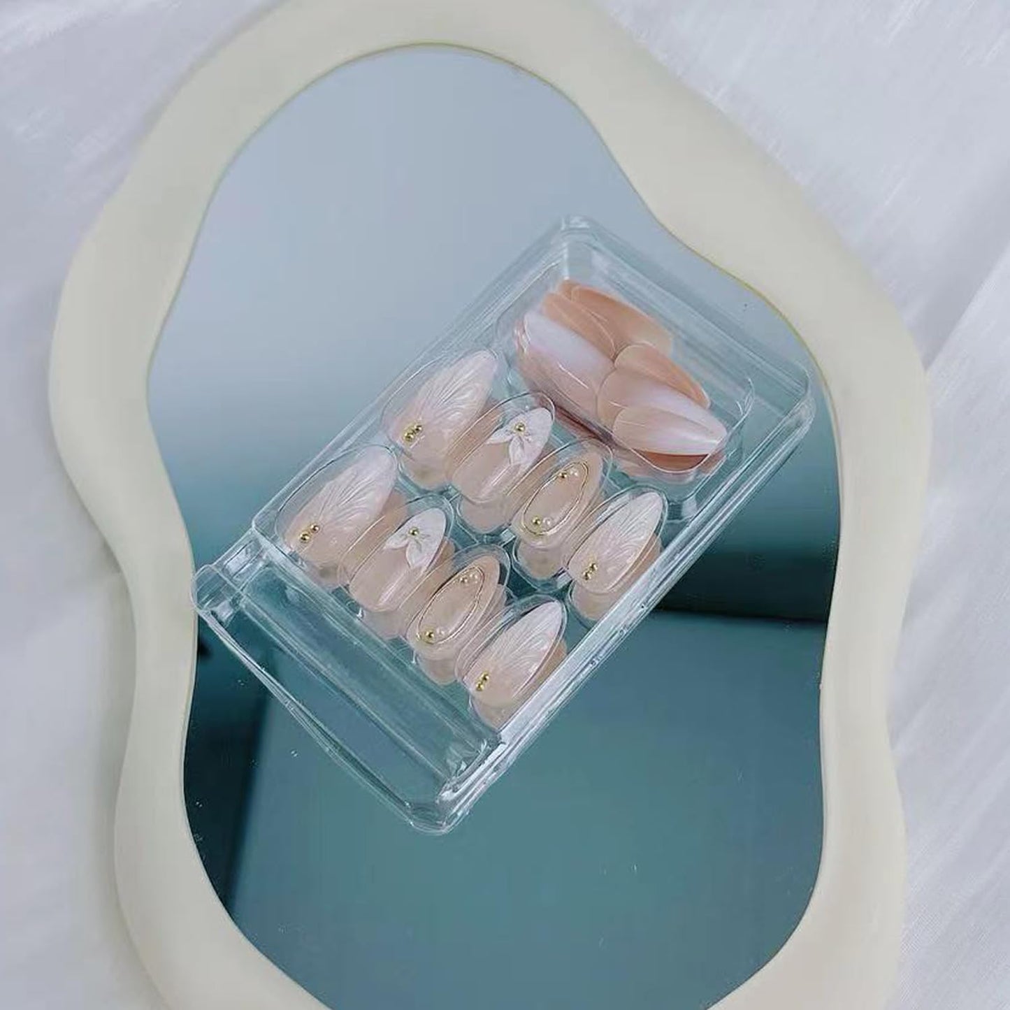 White French Press on Nails with Medium Almond Fake Nails Gold Steel Beads Design French Gradient Nails Press ons Flower Stick on Nails Glossy Full Cover Stick on Nails for Women Daily Wear 24Pcs