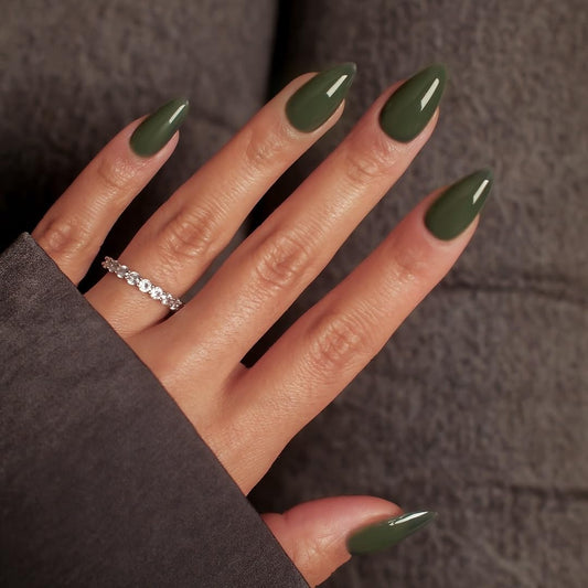 KQueenest Olive Green Press on Nails Short Almond, 30 Pcs Thick Fake Nails, Solid Color Acrylic Press on, Natural Almond Glue on, Stick on Nails for Women Daily Winter Wear