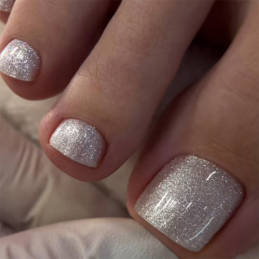 IMRAIN Glitter Press on Toenails Short Square Fake Toe Nails Full Cover Artificial Glossy False Toe Nails Solid Silver Stick on Nails Shiny Summer DIY Nail Art 24Pcs