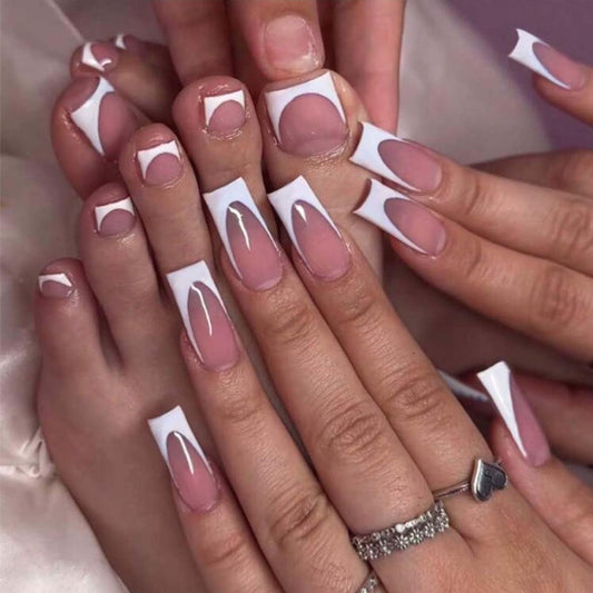 48 Pcs White French Tip Press on Nails Medium Square & Press on Toenails Set Pink Nail Press ons with Deep French Tip Designs Glossy Fake Nails Acrylic Nails Stick on Nails for Women Nail Decorations