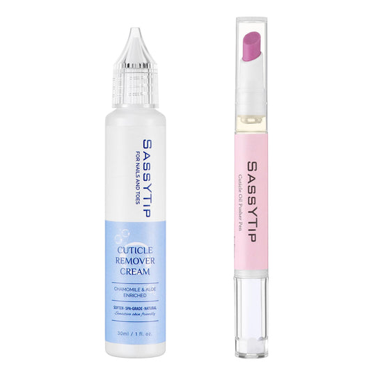SASSYTIP Cuticle Care Kit - Cuticle Remover Gel (1oz) & Ceramic Pusher with Nourishing Oil Pen (2ml). Complete At-Home Manicure & Pedicure Set for Dry & Damaged Nails. Salon Results (Gel+Pink Pen)