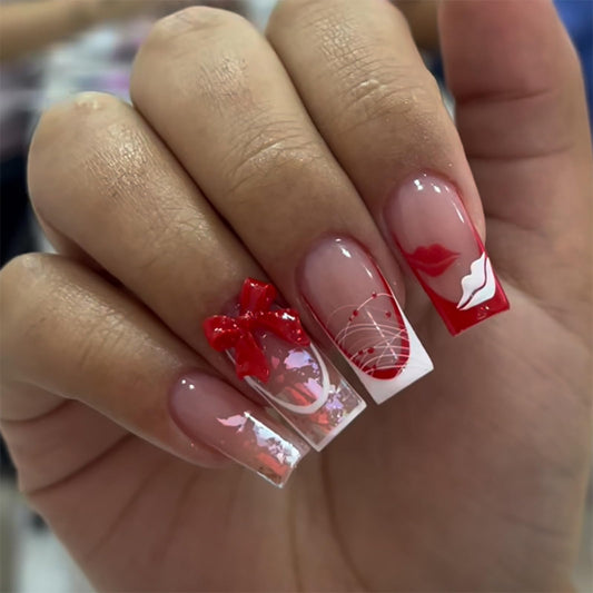 White French Tip Press on Nails Red Bow Fake Nails Lip Print Glue on Nail with Design Glossy Full Cover Medium Square Stick on Nail for Women Manicure 24Pcs