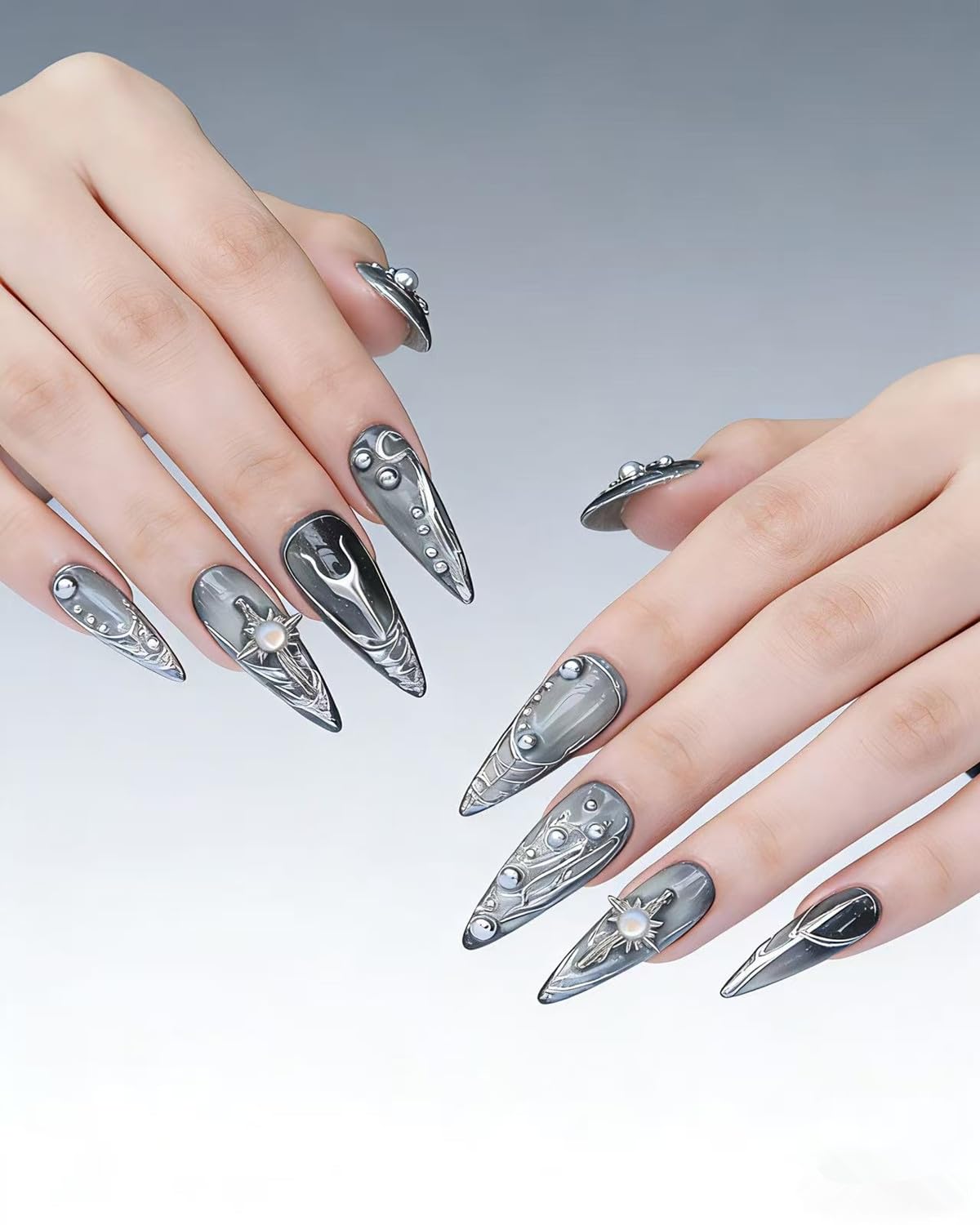 CAMILCY Luxury Handmade Press On Nails Gray Silver Gradient Almond 3D Design Long Stiletto Fake Nails Salon Quality Reusable Acrylic Nails for Women (B07, L)
