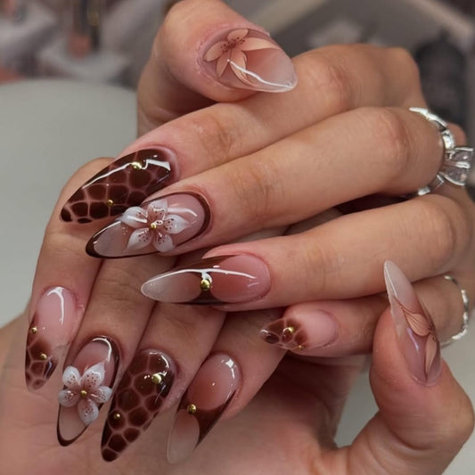 CTTHNBD Press on Nails Almond - Medium Fake Nails with Flower Pattern Design - Brown Ombre False Nails Press Ons - for Women Manicure 24 Pcs
