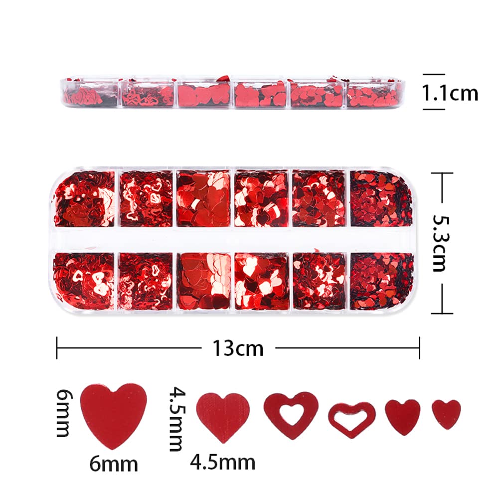 Heart Nail Art Glitters for Valentine Day Charms Nail Decorations Love Heart Nail Sequins Flakes,Holographic Red Hearts Nail Stickers for Acrylic Nails Supplies Valentine Manicure Accessories 12 Grids