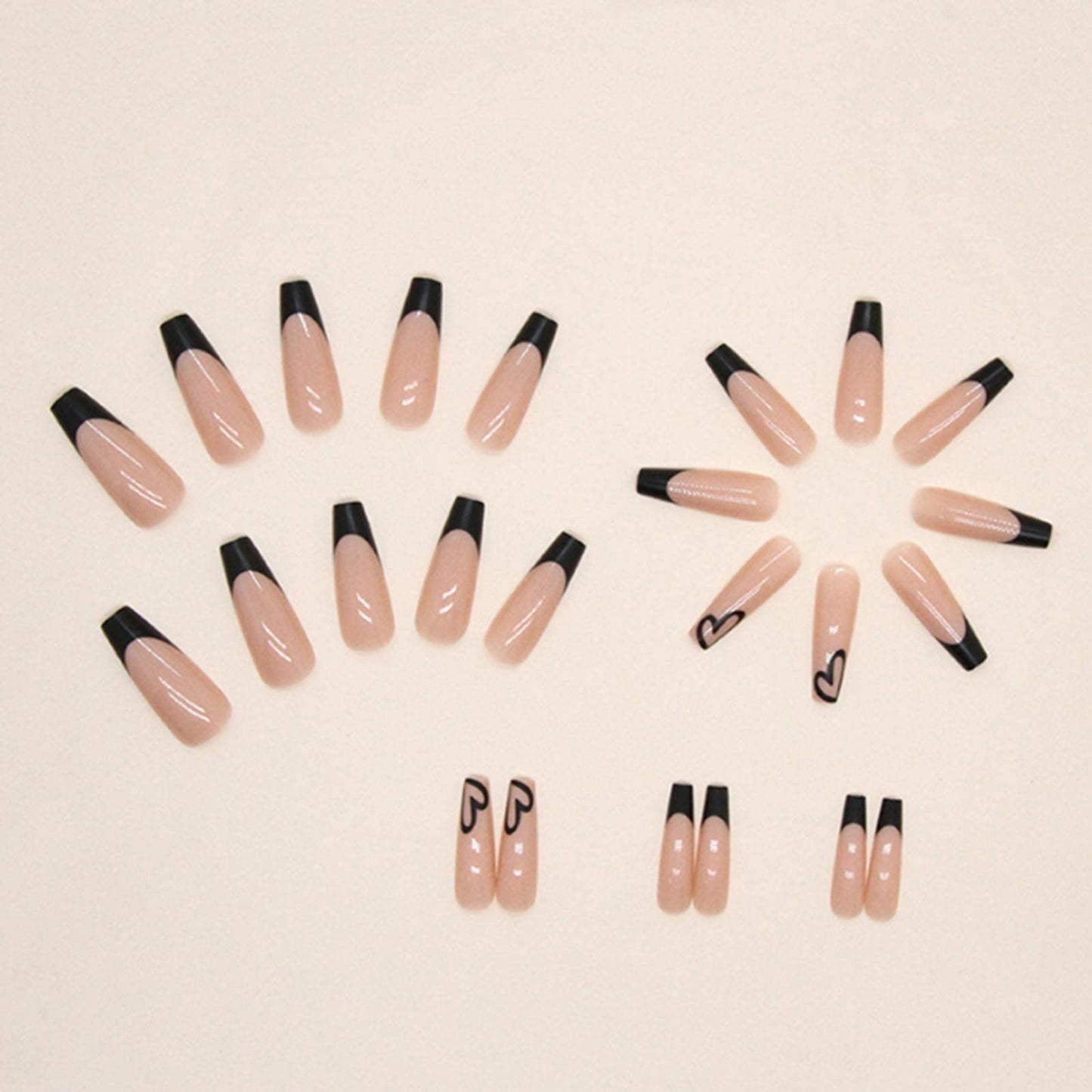 YoYoee French Long Press on Nails Cute Fake Nails Coffin False Nails Acrylic Full Cover Black Stick on Nails for Women and Girls 24PCS