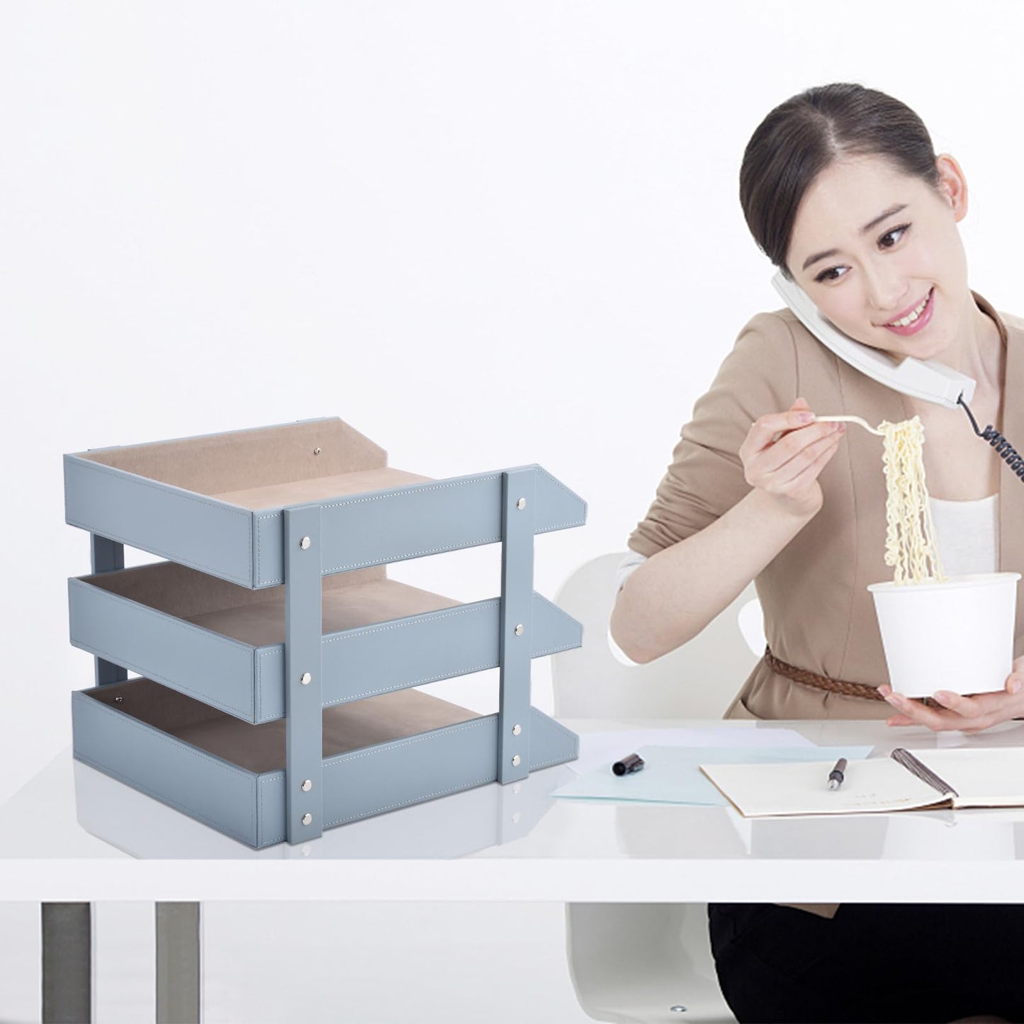 Leather Desk Organize Holder,3-Layer Stackable Letter Tray,Used to Store documents,Folders,Stationery,Magazines,Paper,and Other Home Office Supplies,Desk File Rack (Grey)