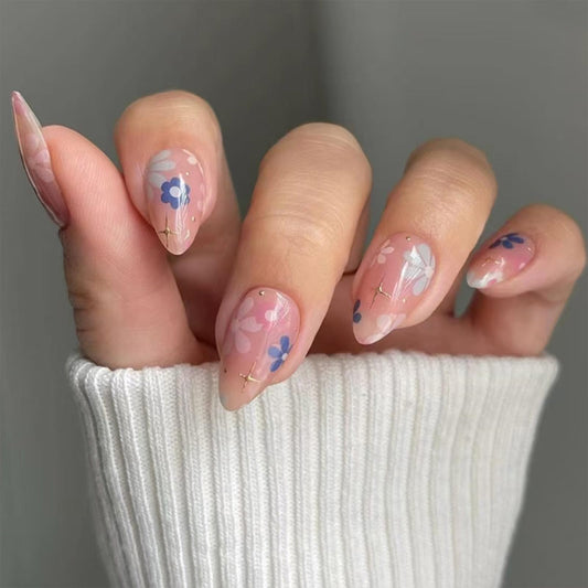 Flower Press on Nails Medium Almond Fake Nails Pink False Nails Press ons with Design Floral Glue on Nails Glossy Full Cover Acrylic Stick on Nail for Women Manicure 24Pcs