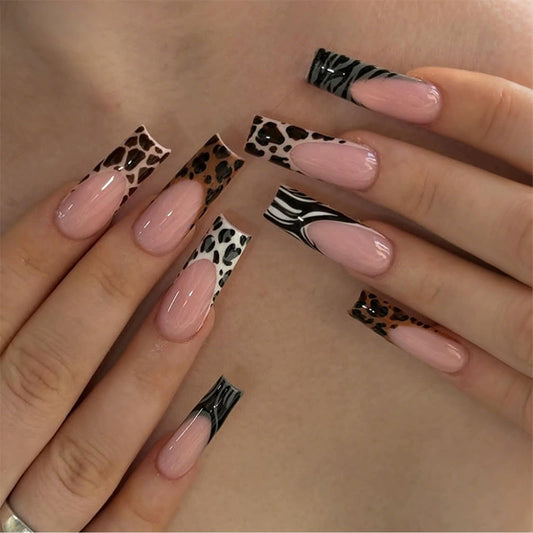 IMSOHOT Fall Press on Nails Long Square Fake Nails Glossy Brown French Tips False Nails with Zebra Stripes & Leopard Print Designs Full Cover Acrylic Glue on Nails for Women 24Pcs