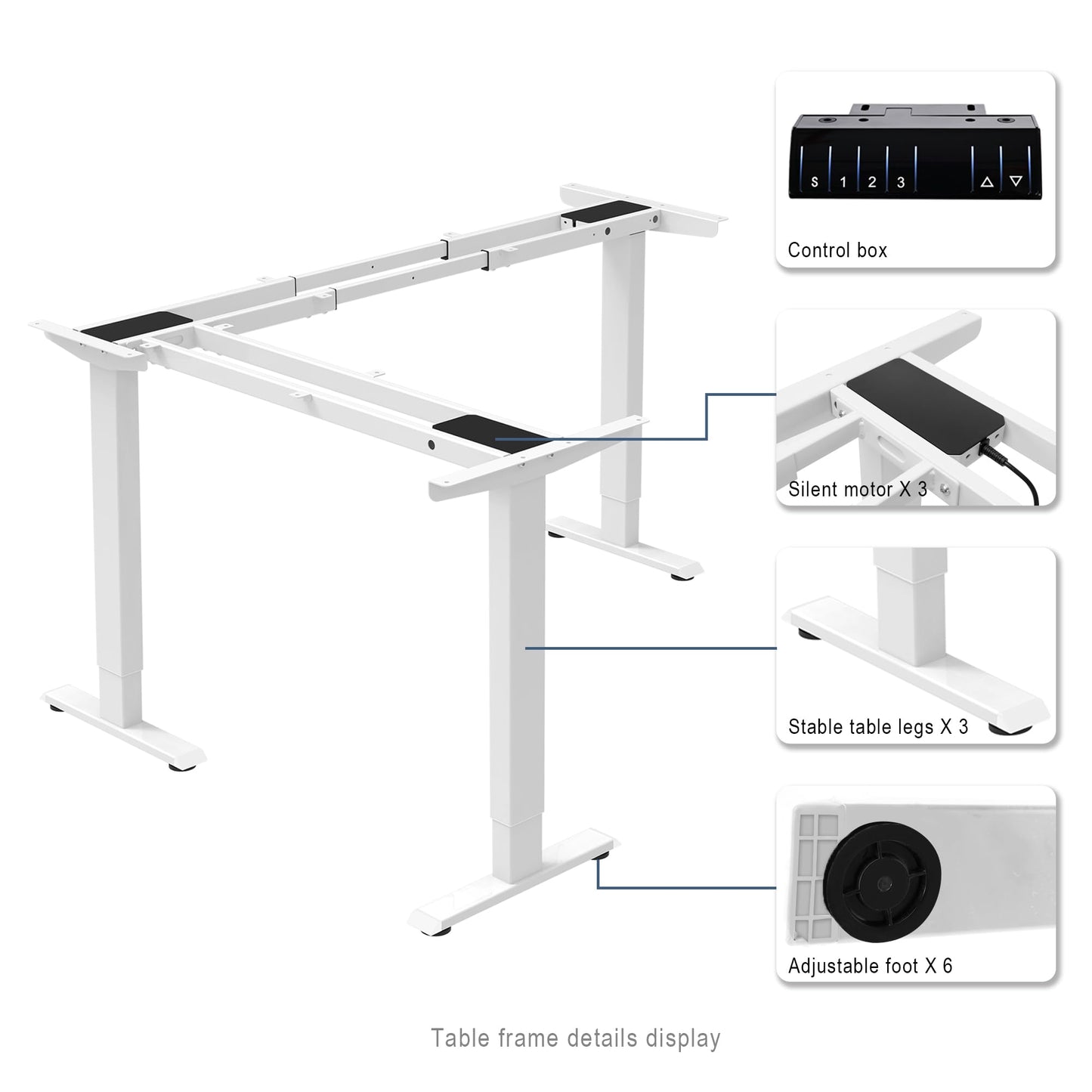 Fromann Adjustable 3 Legs Standing Desk Frame Base Electric Corner Sit-Stand Desk for Home and Office (White)