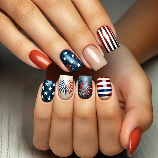 24Pcs 4th of July Fireworks Press on Nails Short Square Fake Nails Red Blue American Flag False Nails Five-pointed Star Striped Acrylic Nails for Women Patriotic Holiday Manicure Decoration 24Pcs