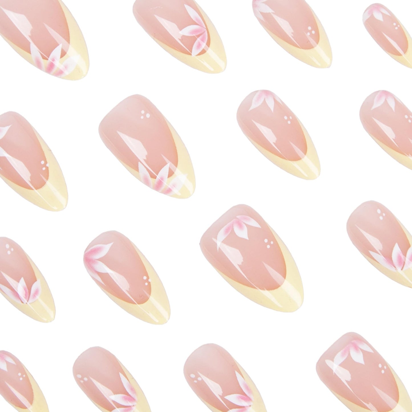 24Pcs Pastel Yellow French Tip Press On Nails Medium Almond Fake Nails with Pink Tulip Flower & White Dot, Nude Pink Base Glossy False Nails, Spring Floral Acrylic Nail Full Cover Press ons for Women