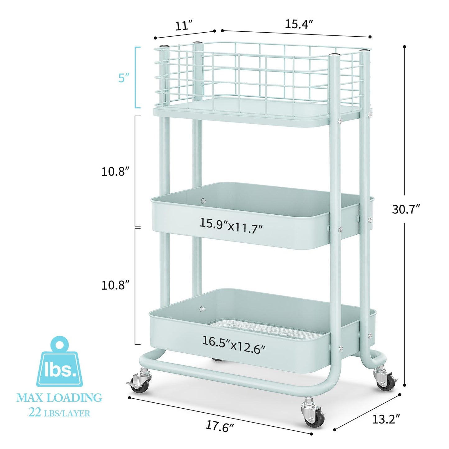 KINGRACK 3 Tier Rolling Cart, Metal Mobile Storage Shelf with Lockable Wheels, Prevent Falling Utility Trolley Cart, Storage Organizer for Kitchen, Office, Bathroom, Dorm, Green